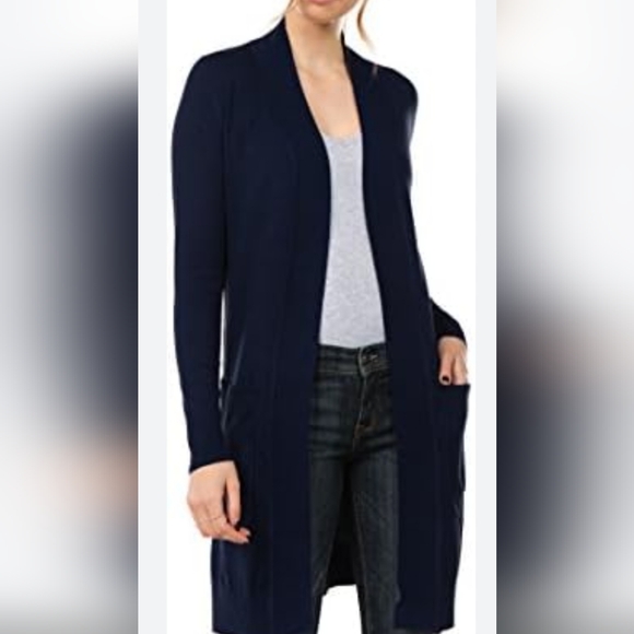 Seven Manor Sweaters - Navy Blue Open Front Cardigan With Ribbed Details Down Front And On Arms
